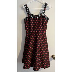Black & Red Polka Dot Mini Dress with Gingham Trim
